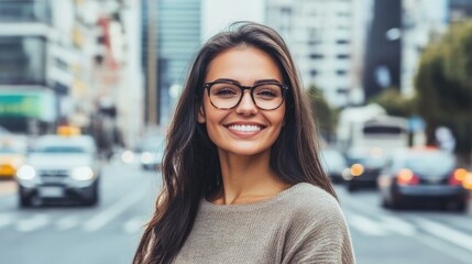 Confident young businesswoman with long dark hair wearing eyeglasses, smiling and standing on a busy urban street with city skyscrapers in the background.
