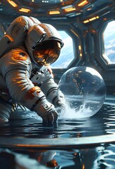 An astronaut in a sleek space suit kneels by a pool of water within a futuristic space station, carefully reaching out to a floating, shimmering sphere of water.