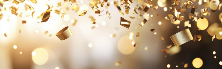 Modern minimalist mockup background with space for text featuring elegant golden confetti and soft bokeh lights, perfect for luxury branding or festive celebrations
