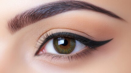 Obraz premium Close-up of a beautiful female eye with striking green iris and elegant eyeliner framed by well-groomed eyebrow against a white background.
