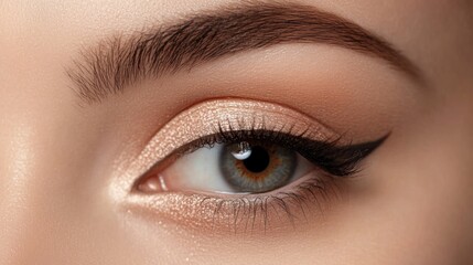 Obraz premium Close-up shot of a woman's eye showcasing stunning brown iris with flawless eyeliner, warm beige eyelid makeup, and perfectly arched eyebrow.