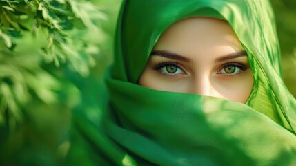 Fototapeta premium Portrait of joyful Arab Muslim woman with striking green eyes wearing elegant green hijab, surrounded by lush greenery in a serene outdoor setting.