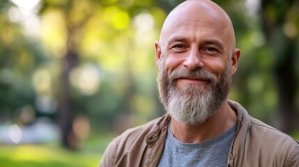 Fototapeta premium Smiling bald middle-aged man with a beard in a vibrant green park setting, showcasing natural outdoor light and a relaxed demeanor.
