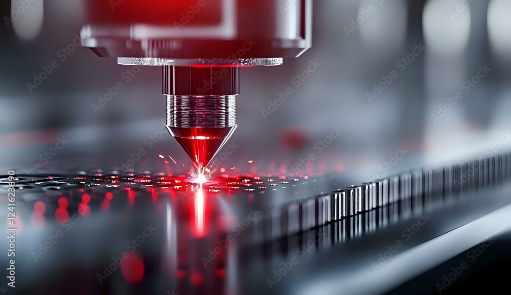 Aufkleber red laser beam in modern manufacturing process illuminates precision technology surface with selecti