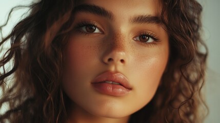 Brown-eyed young woman with curly hair gazes confidently into the camera in a soft-focus studio setting highlighting her natural beauty and comfort.