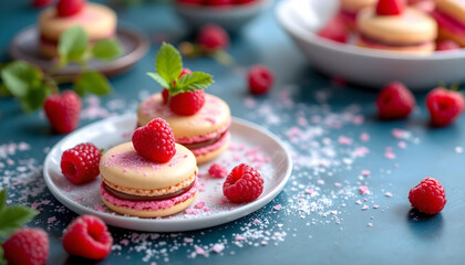 Delightful Dessert Featuring Macarons And Fresh Raspberries Background