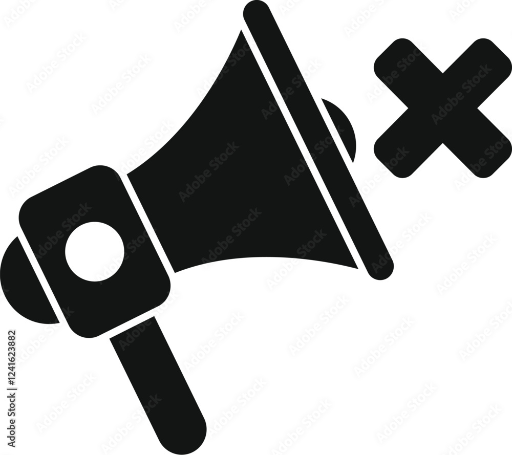 Poster simple black and white vector icon of a megaphone with a large cross over it, indicating no sound or