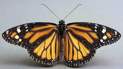 Monarch butterfly wings, studio shot, gray background, nature