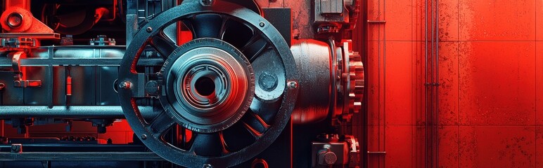 Modern mockup background with space for text decorated with powerful factory imagery, bold red and black tones, and an industrial aesthetic for International Workers Day