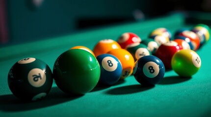 Colorful Pool Balls on Green Table Billiards Game