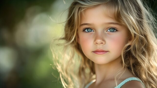 Captivating portrait of a young girl with shimmering blonde hair and striking blue eyes, softly illuminated in a natural outdoor setting, evoking innocence and warmth. - Powered by Adobe