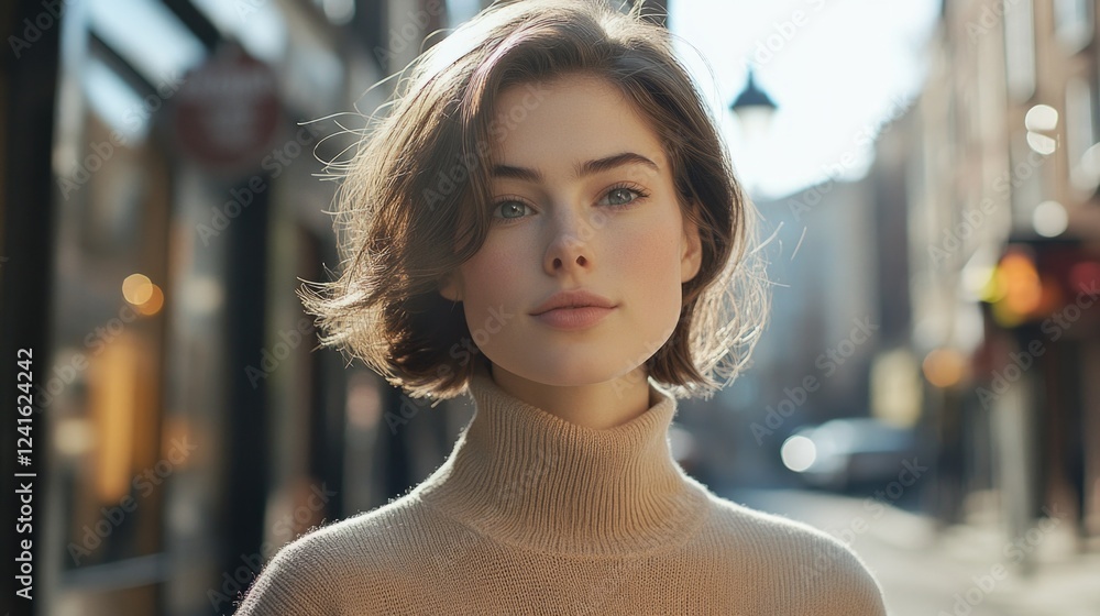 Wall mural Street fashion portrait of young woman with soft brown hair wearing beige roll neck pullover in sunlight on urban street with blurred city background