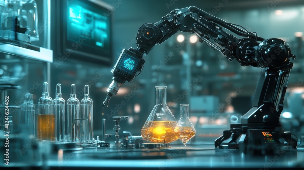 Poster a medium closeup shows a robotic arm in a laboratory conducting a chemical experiment based on aipre