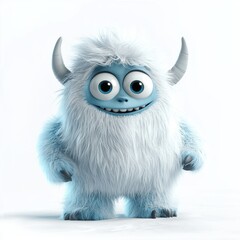 Obraz premium cute yeti with icy blue fur, tiny horns, and a playful expression, standing in a snowy landscape, isolated on white