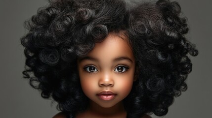 Adorable black girl with beautiful voluminous curly hair against a soft grey background, showcasing innocence and charm in childhood portraiture.