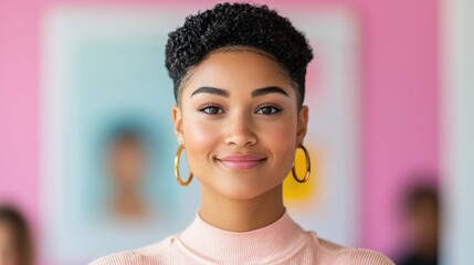 Confident woman smiling in a colorful, modern setting.