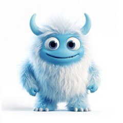 Obraz premium cute yeti with icy blue fur, tiny horns, and a playful expression, standing in a snowy landscape, isolated on white
