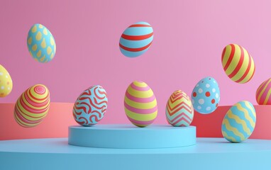 Fototapeta premium Modern mockup background with space for text decorated with floating 3D Easter eggs in bold neon colors and abstract geometric patterns for Easter