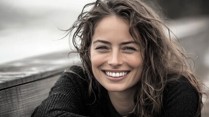 Fototapeta premium Smiling young woman with wet curly hair wearing a black sweater, leaning on a weathered wooden boardwalk near the ocean shore.