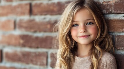 Fototapeta premium Charming young girl with blonde wavy hair smiling against rustic brick wall backdrop, featuring soft warm tones and natural lighting.
