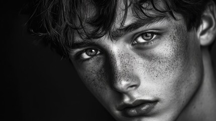 Androgynous young man with striking features and freckles in dramatic black and white high contrast portrait showcasing deep expressive eyes.