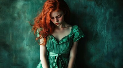 Fototapeta premium Red-haired young woman expressing sadness and disappointment, wearing a fitted green dress with a tied belt, against a textured teal background.