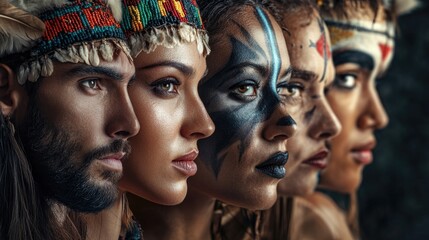 Obraz premium Multiethnic Portrait of Diverse Individuals Displaying Cultural Heritage with Face Paint and Traditional Attire in Dramatic Lighting