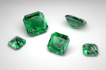 Fototapeta premium Scattering of emeralds of different sizes on the white background. Exhibition of precious stones. Radiant cut. 3d rendering.