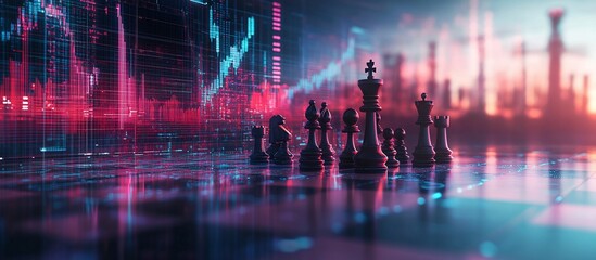 Fototapeta premium Chess pieces strategically positioned on a futuristic board with digital graphs and city skyline backdrop