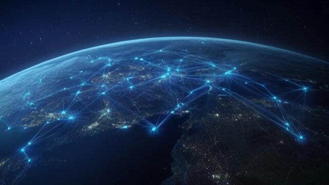 A stunning view of Earth illuminated by connections representing data and technological interactions across various regions. The intricate web shows how cities and continents are linked