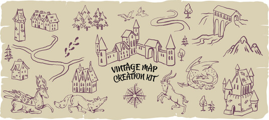 Vintage map clipart, antique cartography, old world map elements, medieval fantasy ma © Anastasiya
