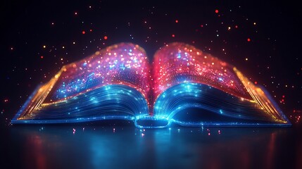 An open book emitting colorful lights and sparkles, symbolizing creativity and imagination at night