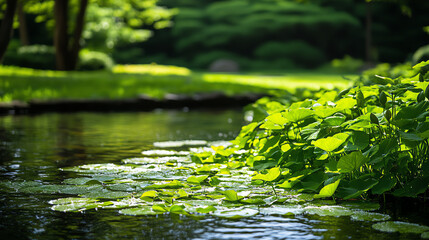 A serene meditation garden with flowing water, symbolizing mindfulness practices, natural lighting