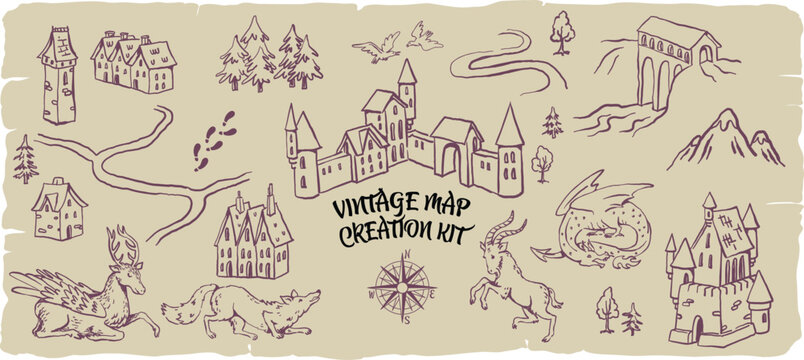 Vintage map clipart, antique cartography, old world map elements, medieval fantasy ma