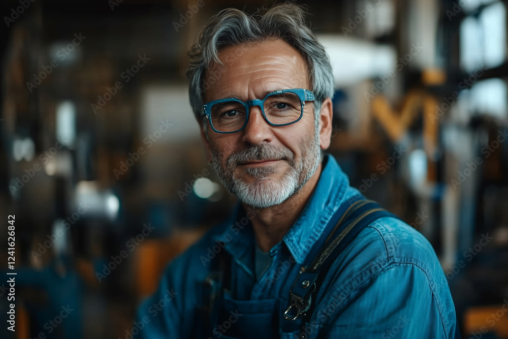 Poster Mature mechanic in workshop sharing a moment of pride and experience