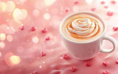 Floating cup of creamy vanilla latte with caramel swirls and cinnamon dusting on a warm Valentine-themed background for Saint Valentines Day and 8 March International Womens Day