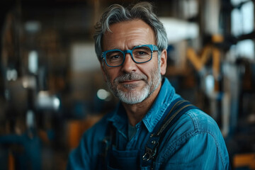 Mature mechanic in workshop sharing a moment of pride and experience