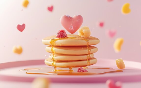 Floating stack of heart-shaped pancakes with honey drizzles and fruit bursts on a cozy pastel-themed background for Saint Valentines Day and 8 March International Womens Day