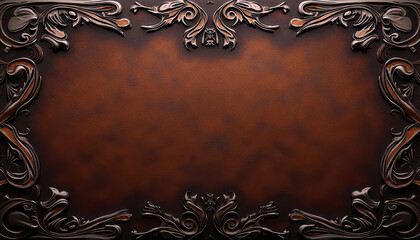 Artisanal leather tooling background – embossed dark brown leather with ornate scrollwork, vintage luxury