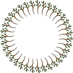 Round frame with vertical green branches on white background.eps