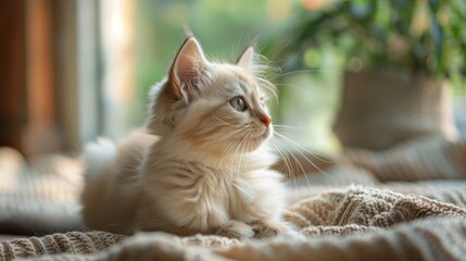 Adorable Fluffy Kitten Resting on a Cozy Knit Blanket