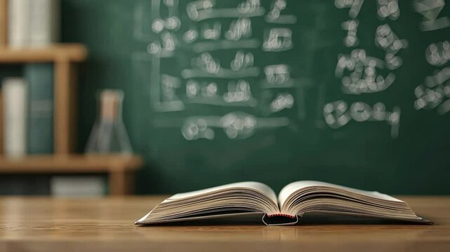 An open book on a desk in a classroom with chalkboard calculations.