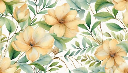 Fototapeta premium Seamless Abstract Watercolor Floral Pattern With Beige Flowers and Green Vines