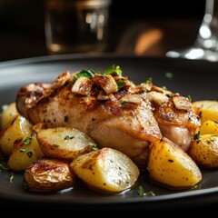 Savory roasted chicken with crispy potatoes and herbs served in an elegant dining setting. Generative AI