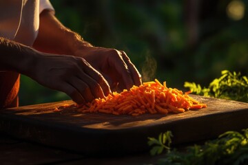 Chef's hands finely julienning carrots on a rustic wooden board in warm sunset light.