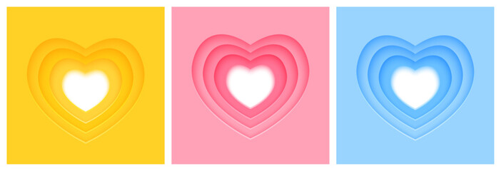 Set of paper hearts frame on pink blue and yellow backgrounds for Valentines day and wedding lovely greeting card design