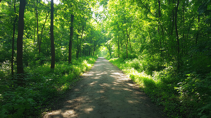 Fototapeta premium A serene view of a forest path with morning sunlight filtering through the trees, symbolizing retreats, wide-angle, peaceful tones
