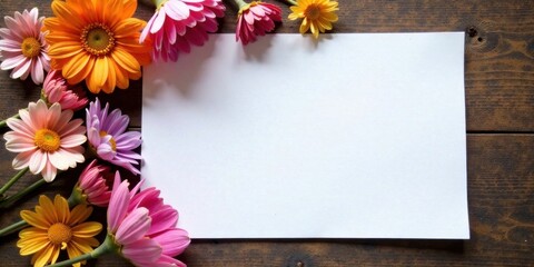 Obraz premium Blank Sheet of Paper Adorned with Vibrant Blossoms on Rustic Wooden Surface