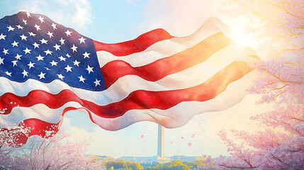 Obraz premium Dynamic art of USA flag with cherry blossom trees and sunshine.