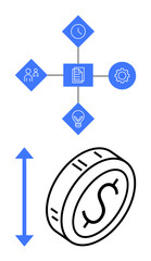 Obraz premium Blue geometric icons of a clock, team, document, lightbulb, and gear connected by lines. Below, a dollar coin and bidirectional arrow represent investment, growth and strategy. Ideal for budgeting
